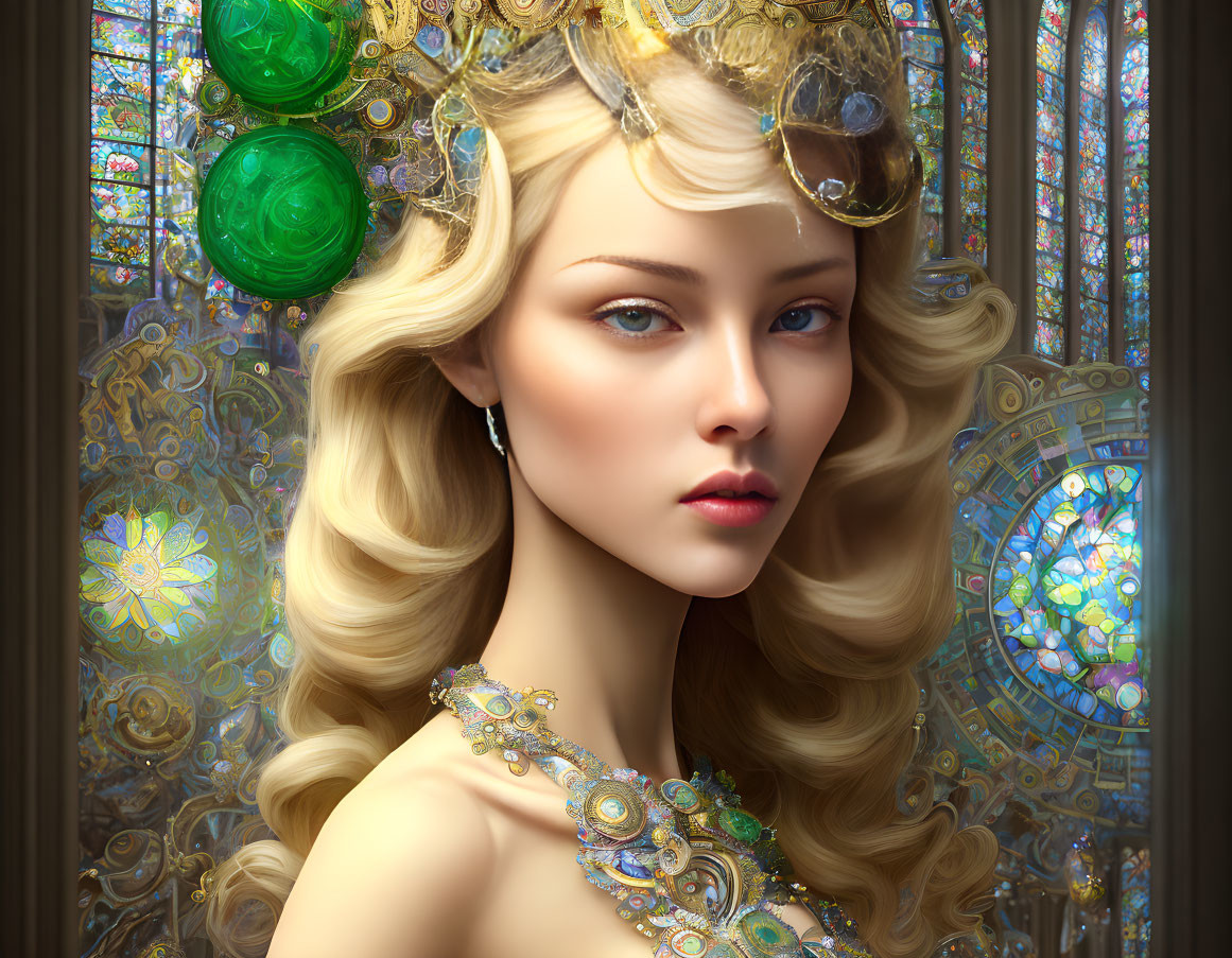 Regal woman with golden hair and intricate jewelry near stained glass window