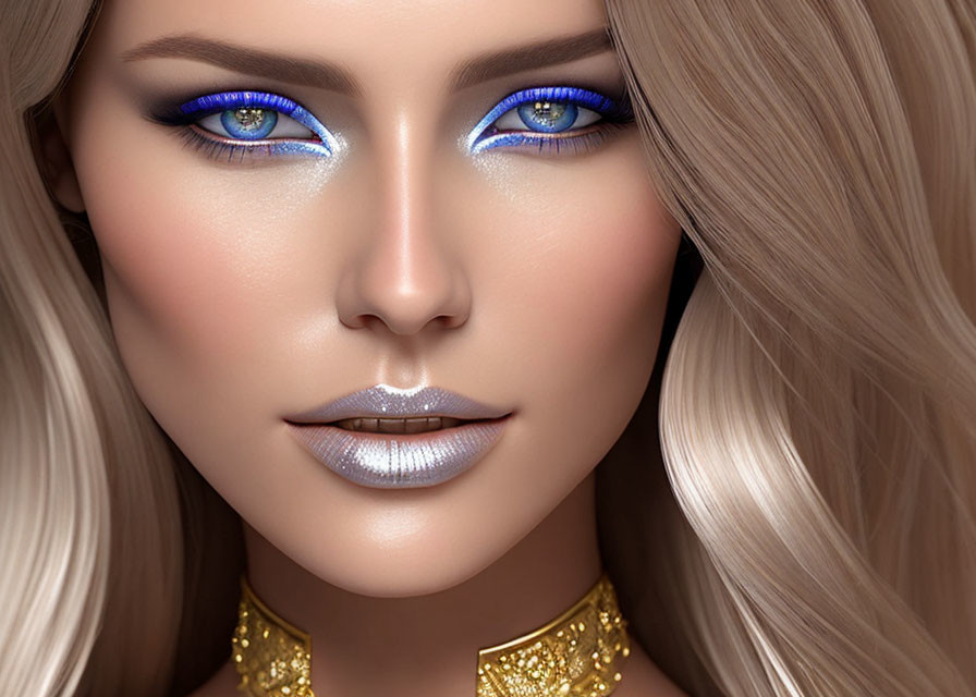 Portrait of woman with blue eyes, silver lipstick, blonde hair, and gold jewelry