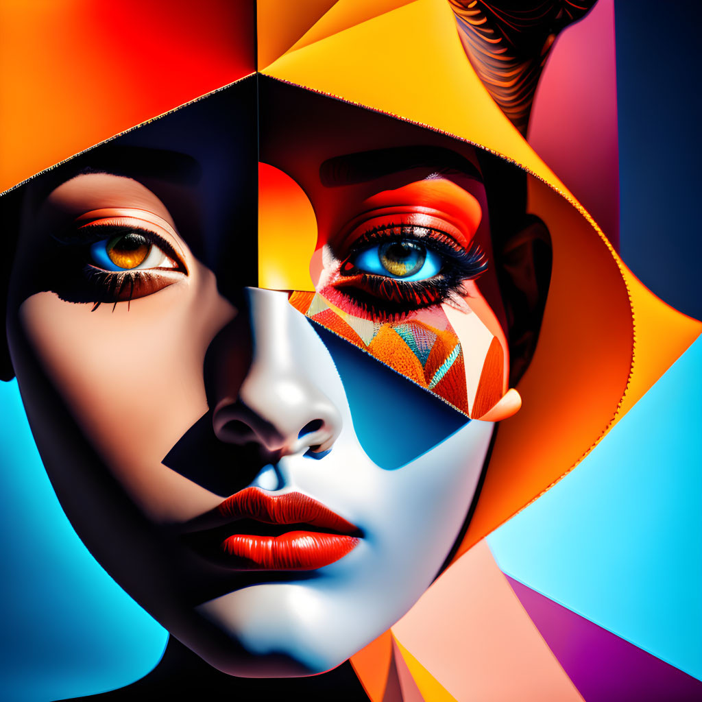 Geometric patterned woman's face with bold colors.