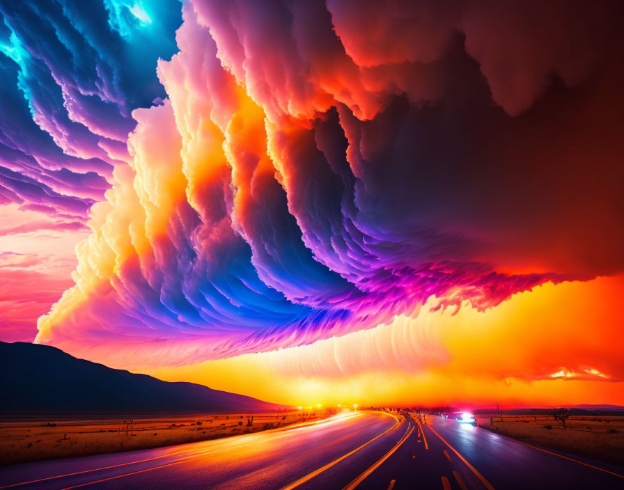 Colorful surreal sunset over highway with undulating clouds