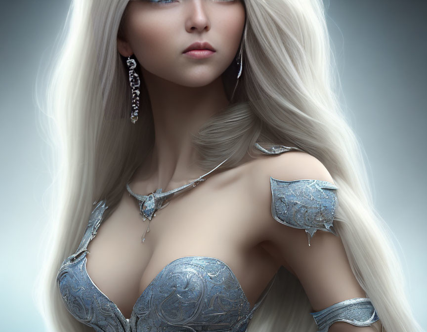 Fantasy illustration of woman in ornate silver armor with long white hair