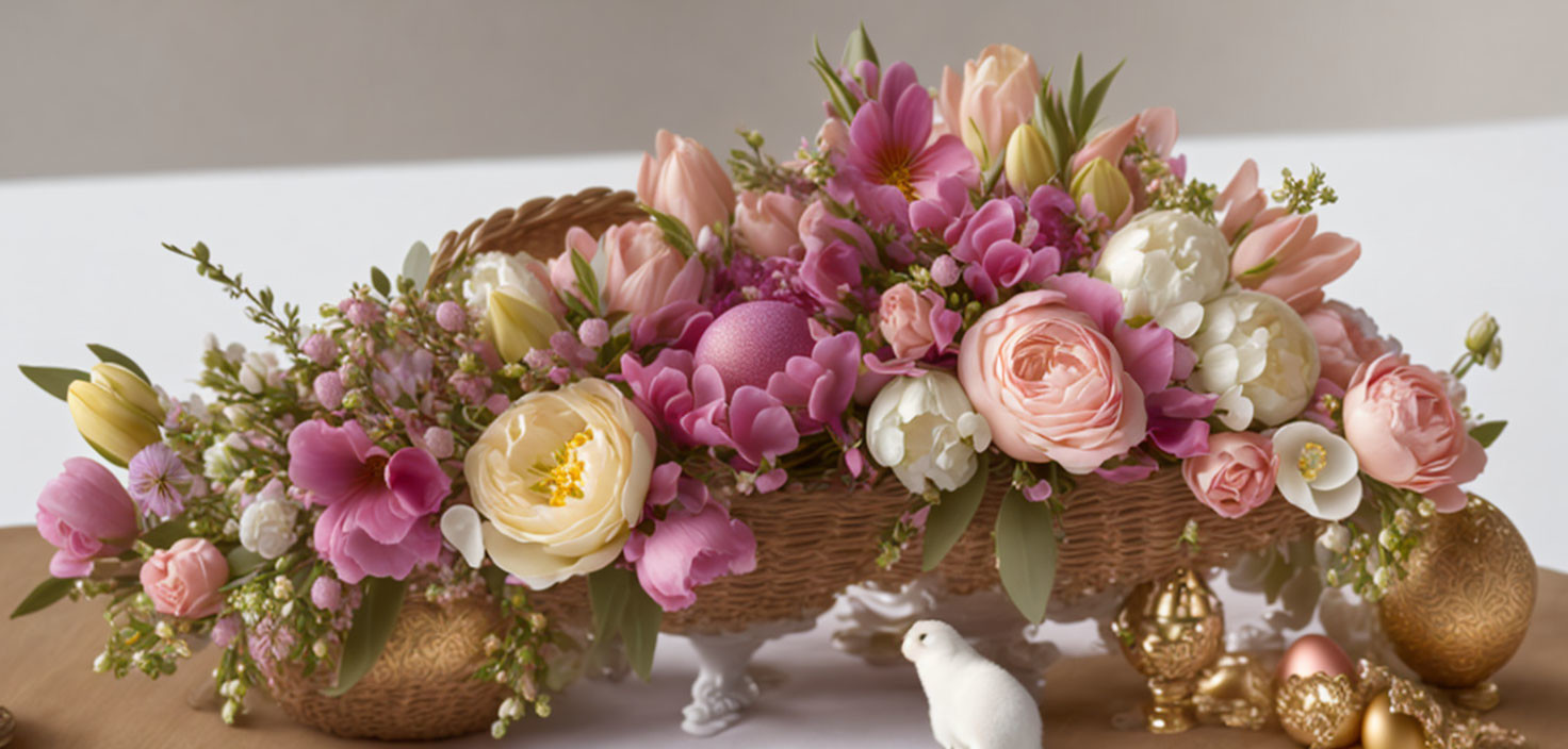 Pink and White Flower Basket with Golden Eggs and Bird Figurine Display