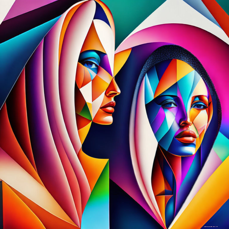 Vivid Geometric Art: Two Stylized Female Faces in Profile