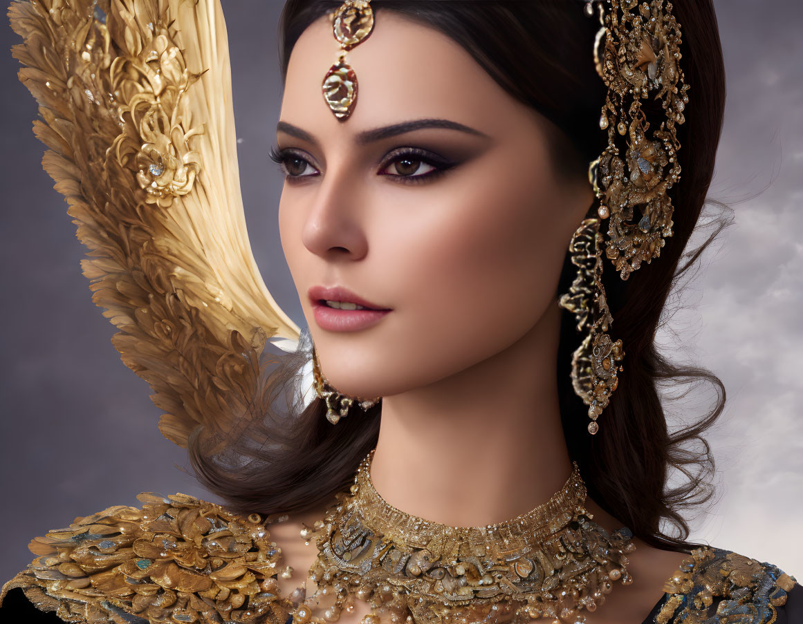 Elaborate Gold Jewelry Woman Portrait on Gray Background