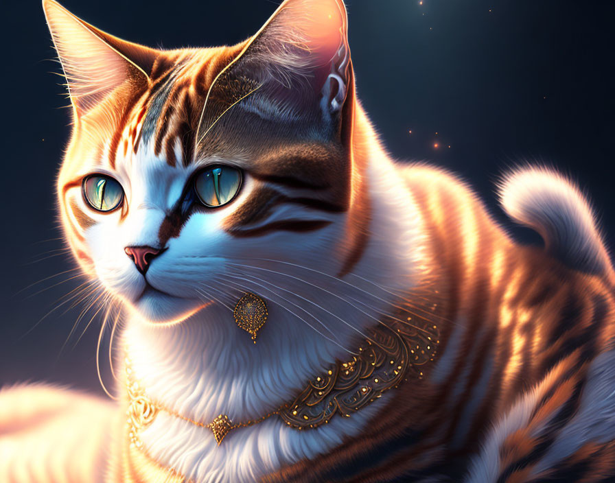 Majestic cat with blue eyes and golden jewelry on dark, starry backdrop