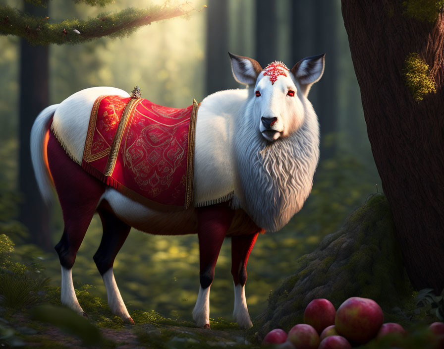 Whimsical white goat with red ornate saddle in sunlit forest