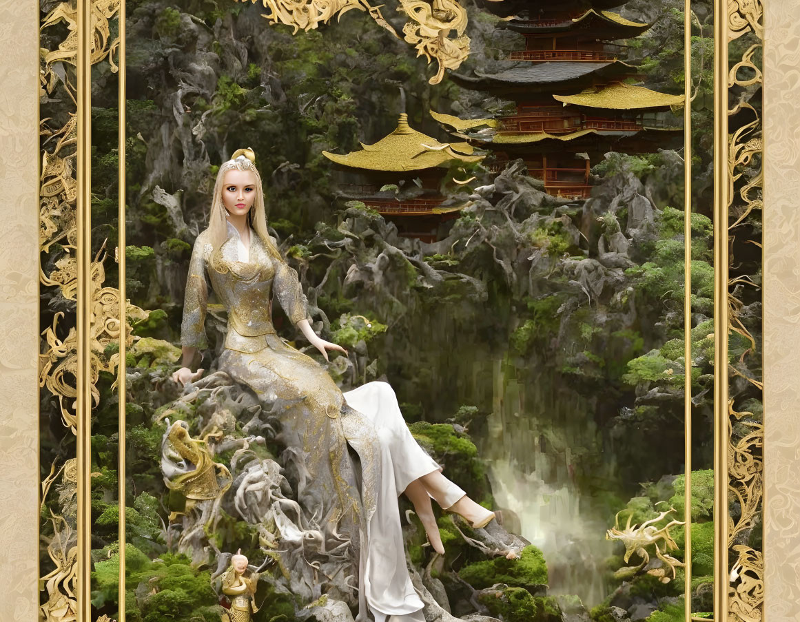 Blonde-haired doll in golden dress with pagoda backdrop