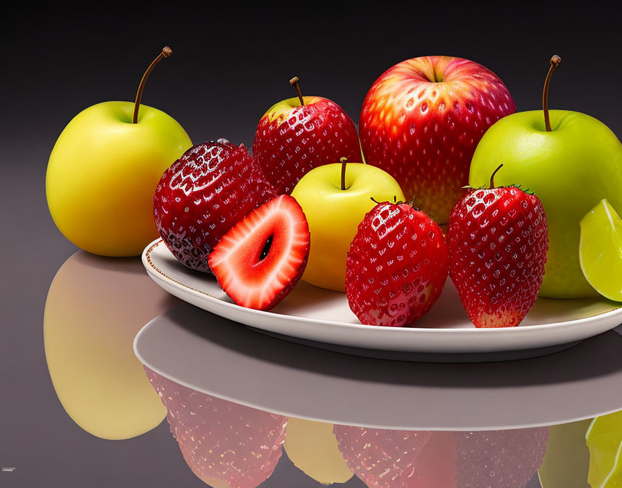 Plate with photorealistic apples and strawberries, strawberries altered to resemble apples.