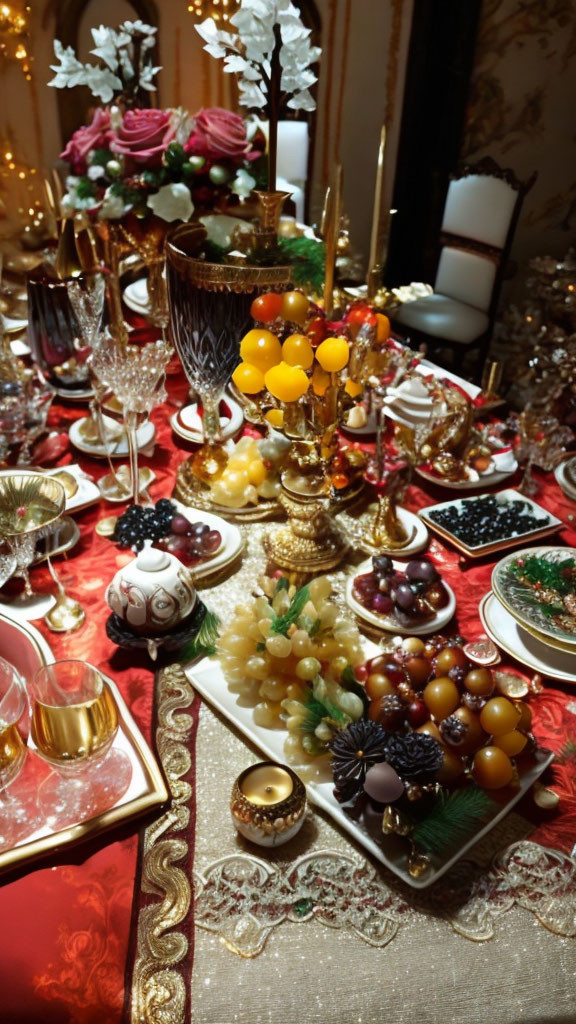 Luxurious dining table set with ornate glassware, gold accents, fruits, and sweets