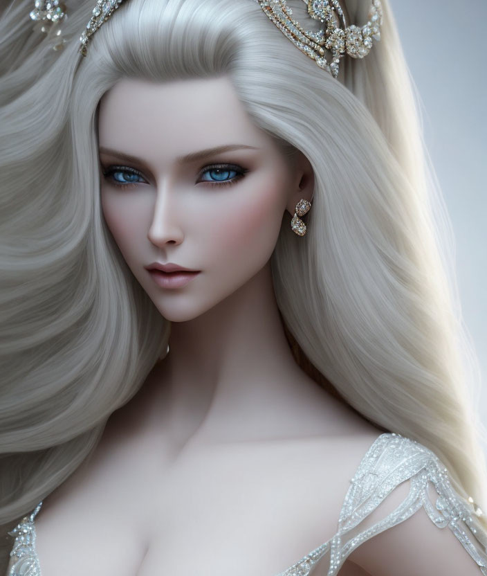 Figure with Long White Hair, Blue Eyes, and Ornate Jewelry