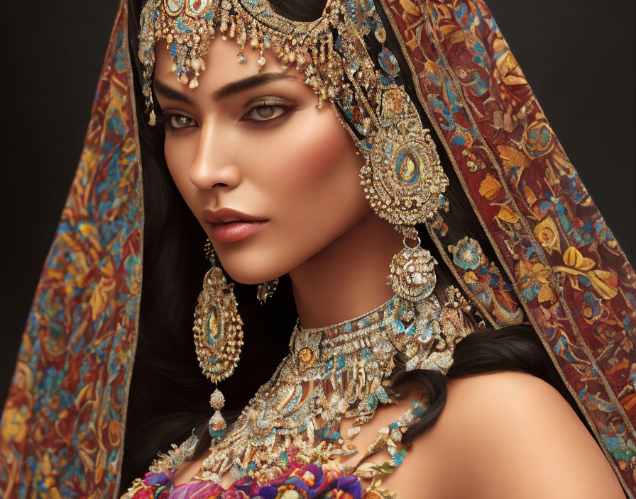 Elaborately adorned woman in jewelry and shawl with serene expression