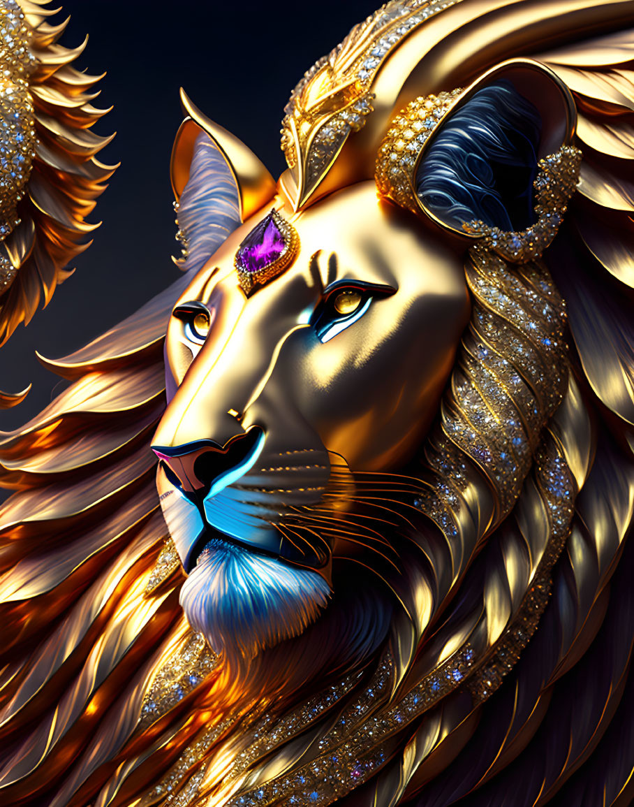 Majestic lion with golden fur, wings, and jewelry on dark backdrop