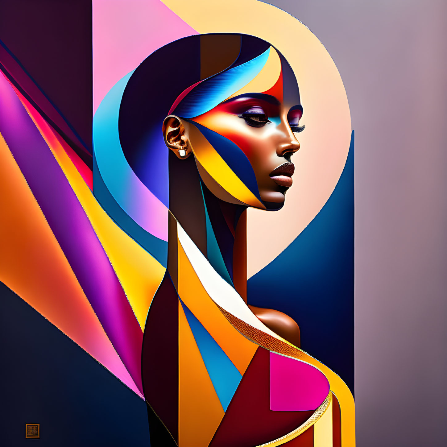 Colorful Abstract Digital Portrait of Woman with Geometric Background