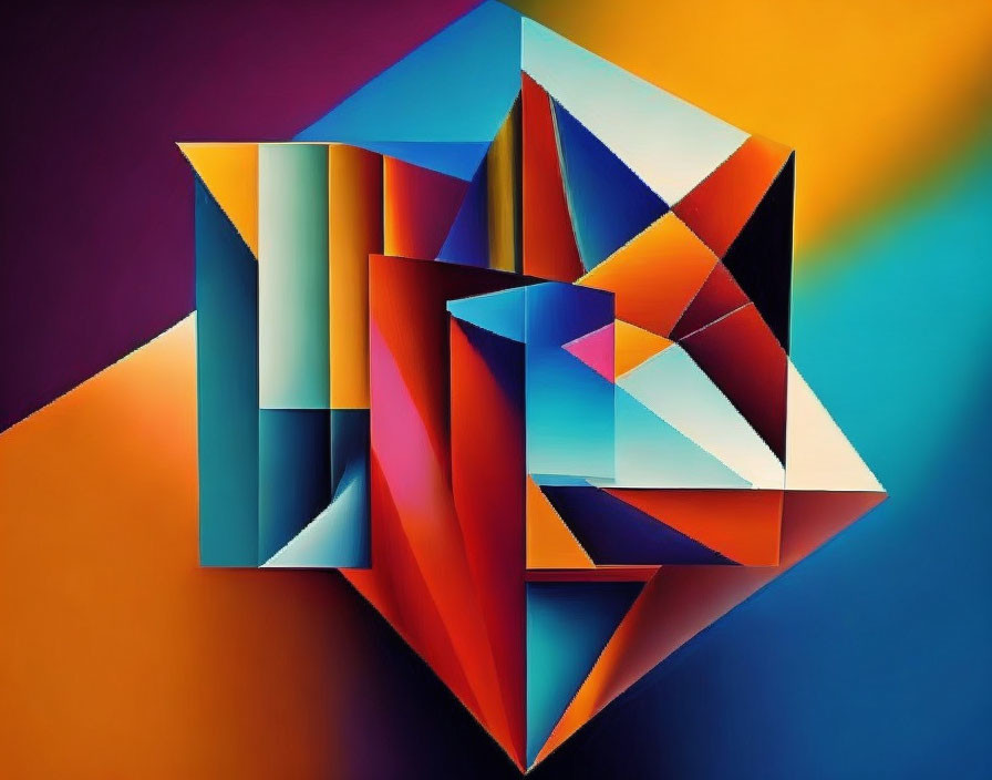 Vibrant 3D geometric art with overlapping shapes on orange and purple gradient.