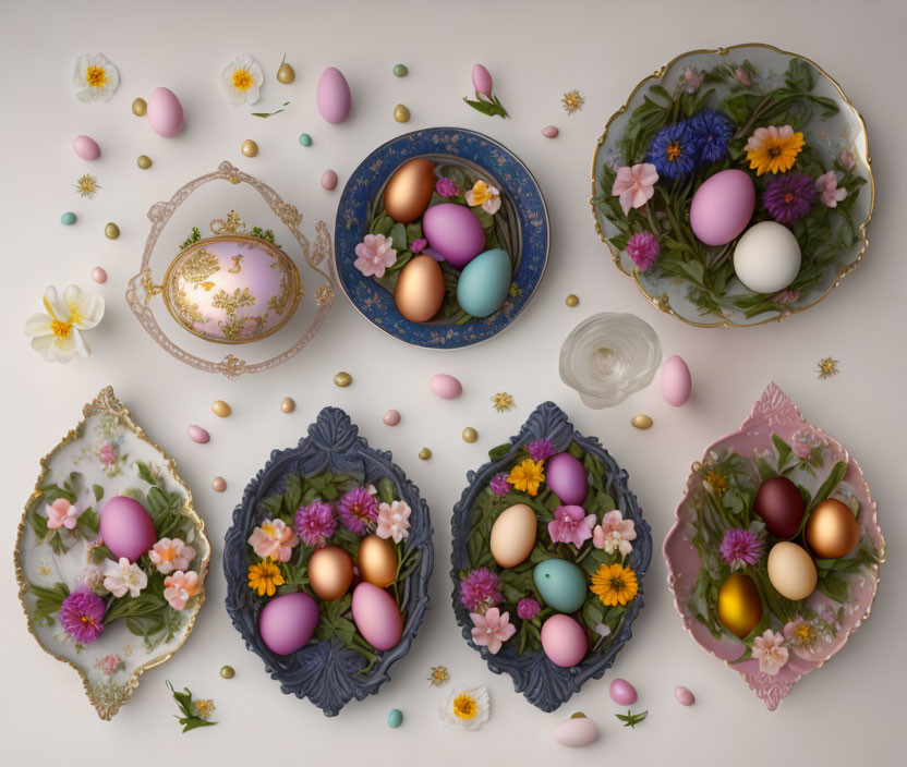 Pastel Easter eggs in ornate bowls with spring flowers on light background