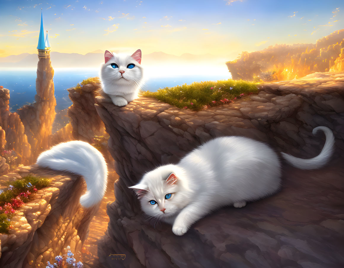 Fluffy white cats with blue eyes on cliff edge at sunset