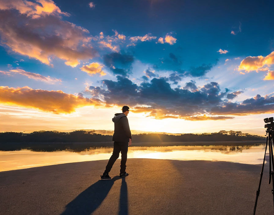 Person capturing sunset over water with camera on tripod