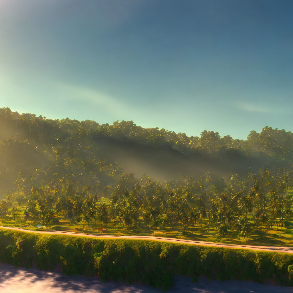 Tropical forest with winding road under golden sunlight