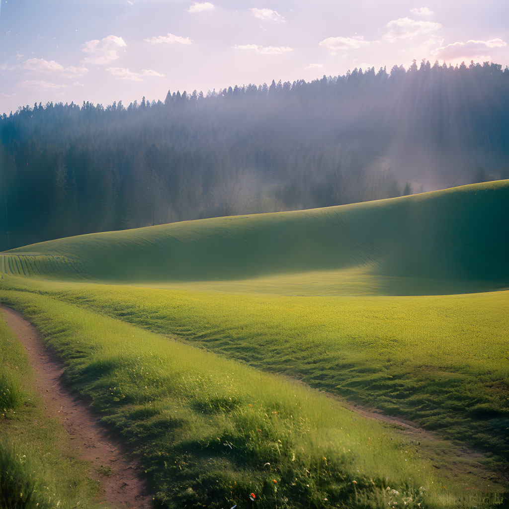 Vibrant green field with rolling hills and dirt path under sunlight