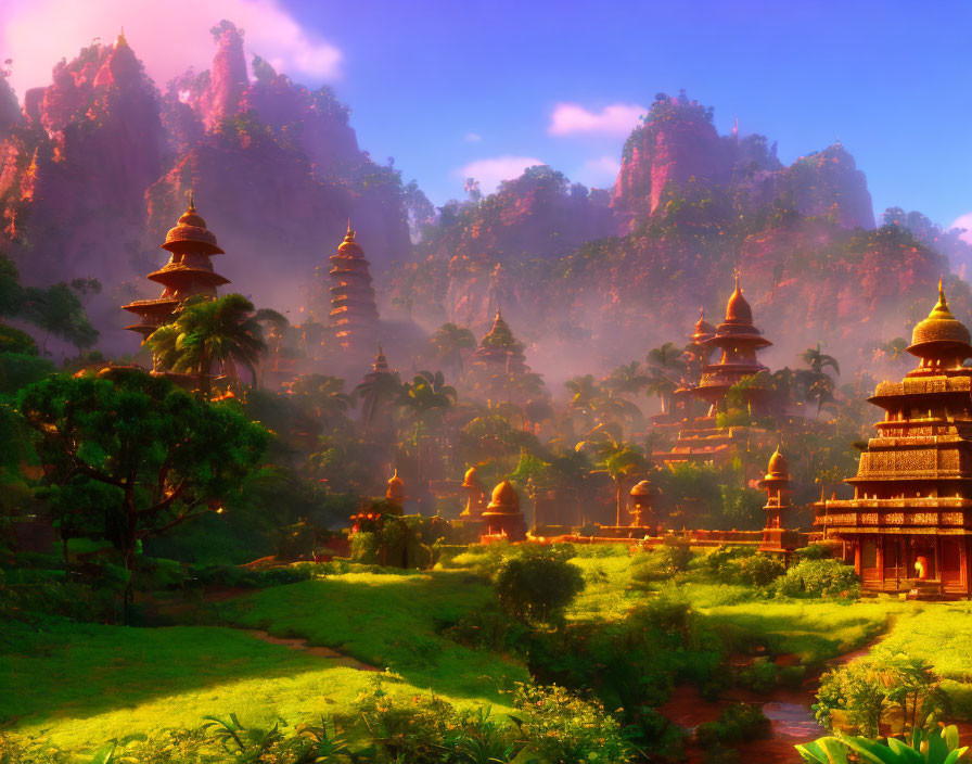 Misty Asian pagodas in lush landscape with towering cliffs under purple sky