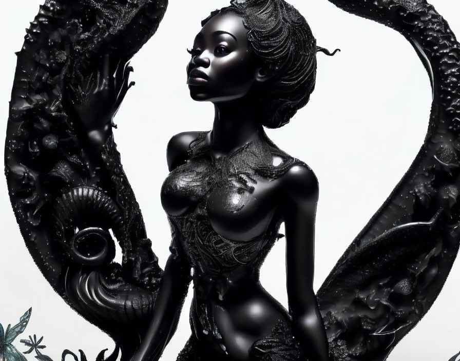 Monochromatic artwork featuring woman with swirling ornate designs