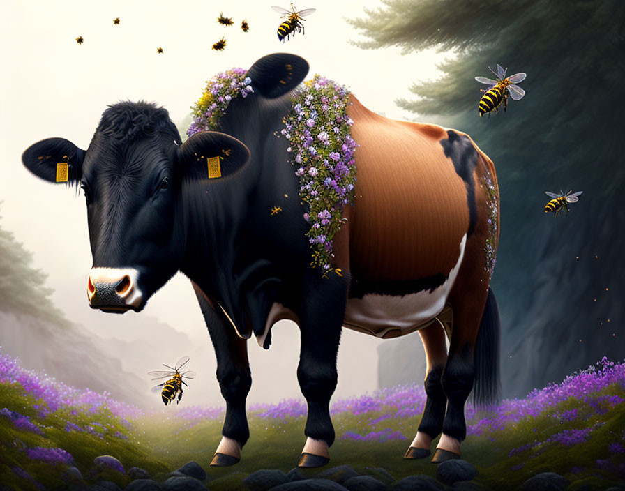 Cow with flowers on back in purple flora with bees on misty background
