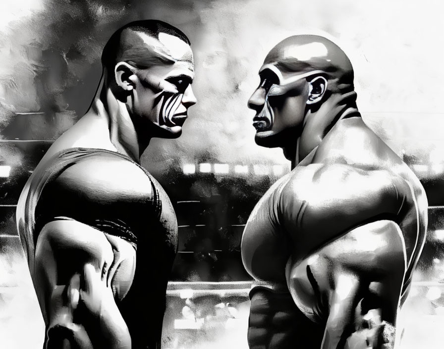 Muscular figures with tribal face markings in intense stare-down.