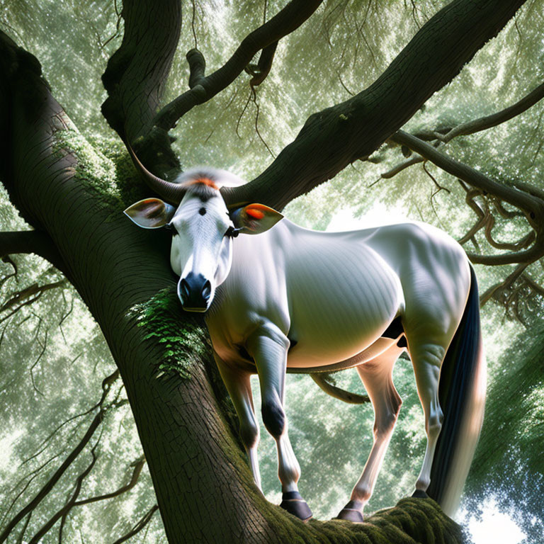 Cow Standing on Tree Branch in Surreal Forest Landscape