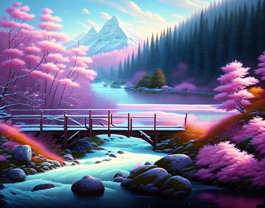 Tranquil Landscape: Wooden Bridge, Pink Foliage, Mountains