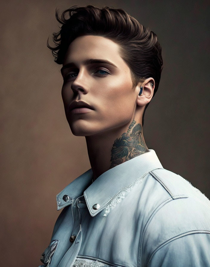 Modern Haircut and Denim Jacket: Stylish Individual with Neck Tattoo and Wireless Earbud