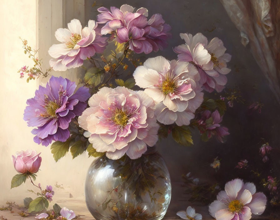 Pink and Purple Flowers in Glass Vase with Soft Sunlight and Shadows