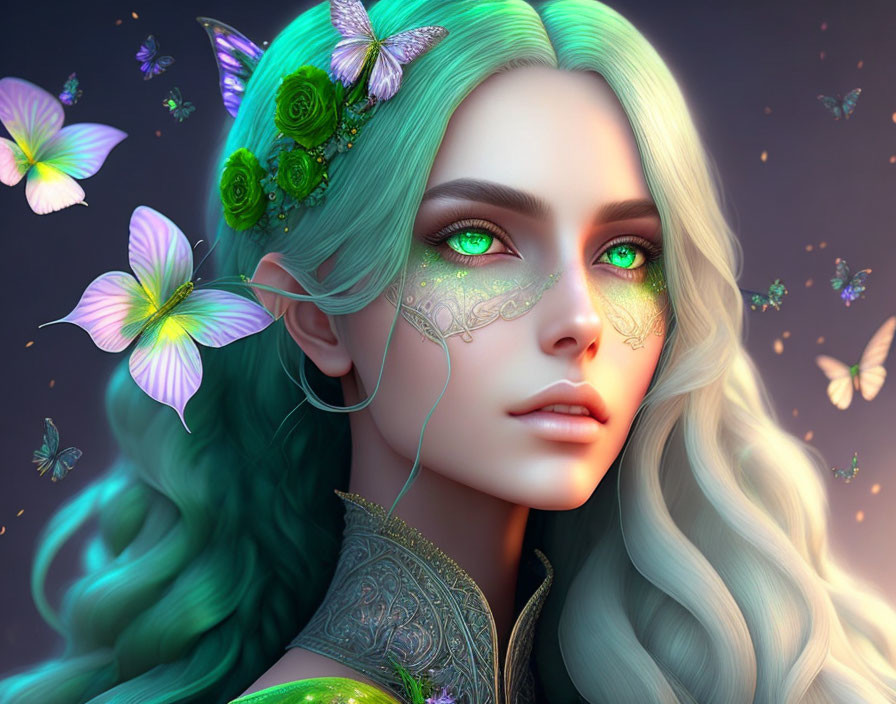 Fantasy female character with green hair, emerald eyes, and ornate facial markings surrounded by butterflies