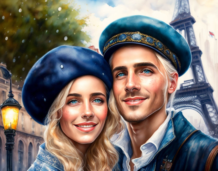 Digital painting of smiling couple in blue berets with Eiffel Tower - Paris romantic scene