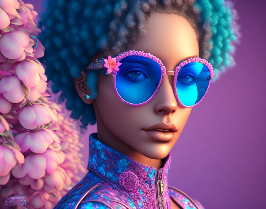 3D-rendered woman with blue curly hair and sunglasses in purple jacket among pink flowers