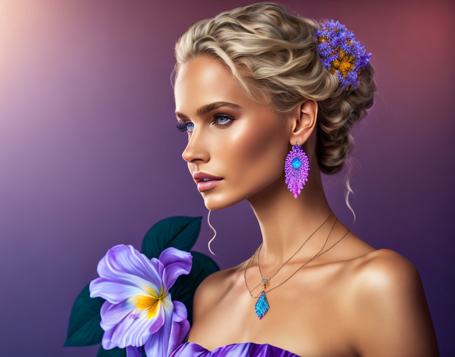 Woman with Braided Hair and Floral Adornments in Purple Setting