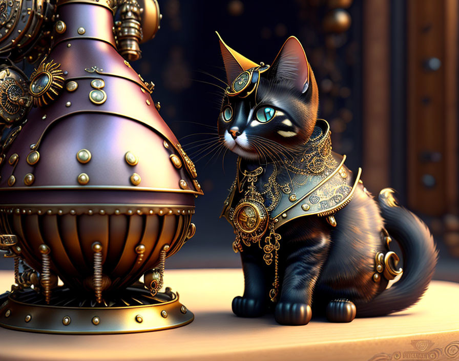 Steampunk-style 3D-rendered cat with brass gear and goggles beside a mechanical globe in