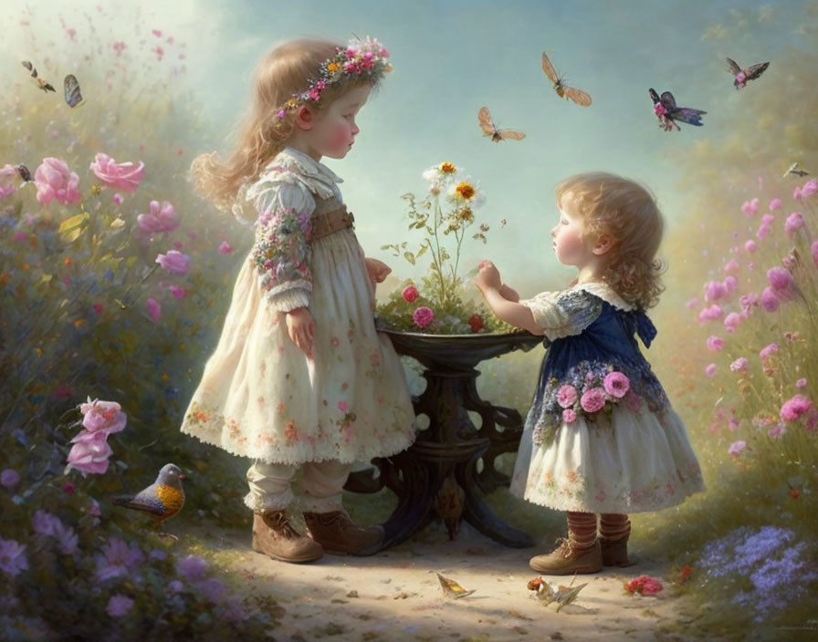 Vintage-dressed girls with flowers, butterflies, and birds in pastoral scene