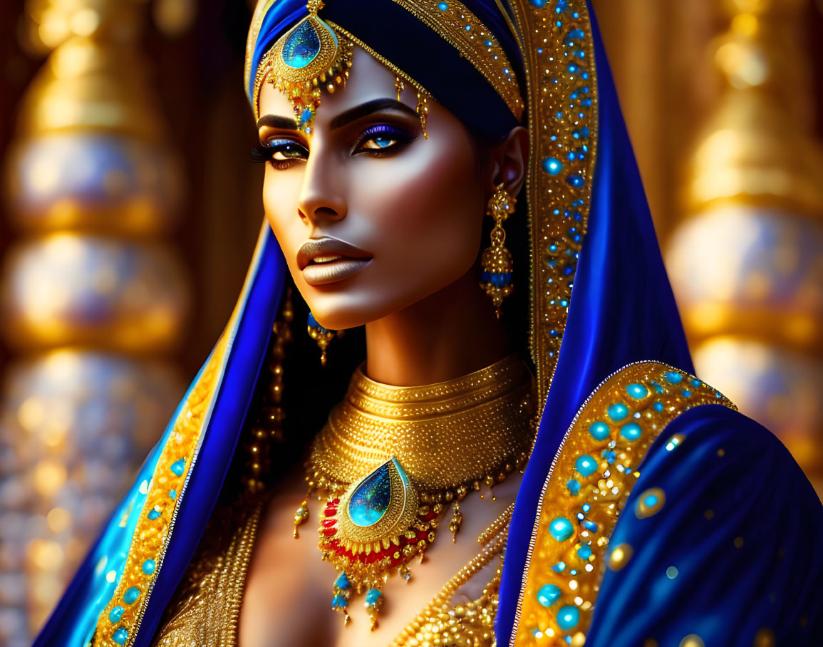 Luxurious Blue and Gold Traditional Attire on Elegant Woman