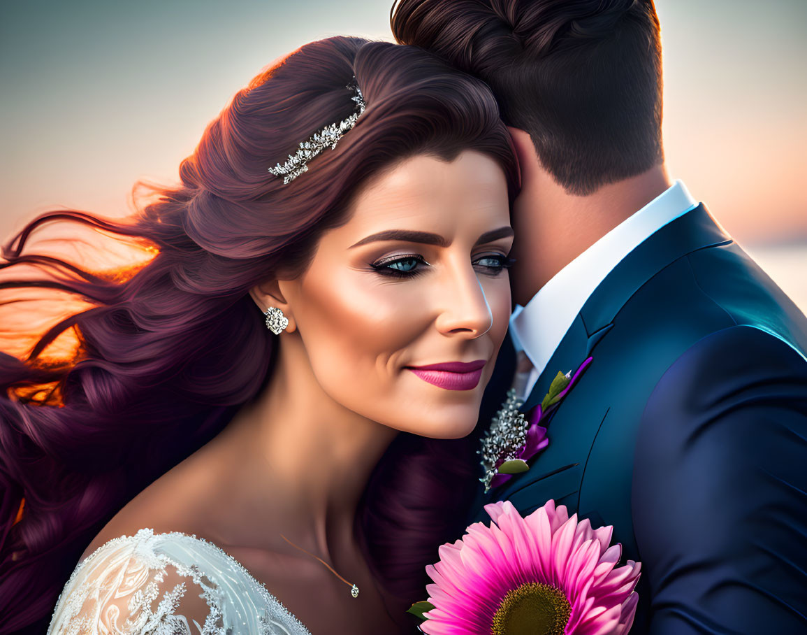 Red-Haired Bride Embracing Groom at Sunset with Tiara and Lace Dress