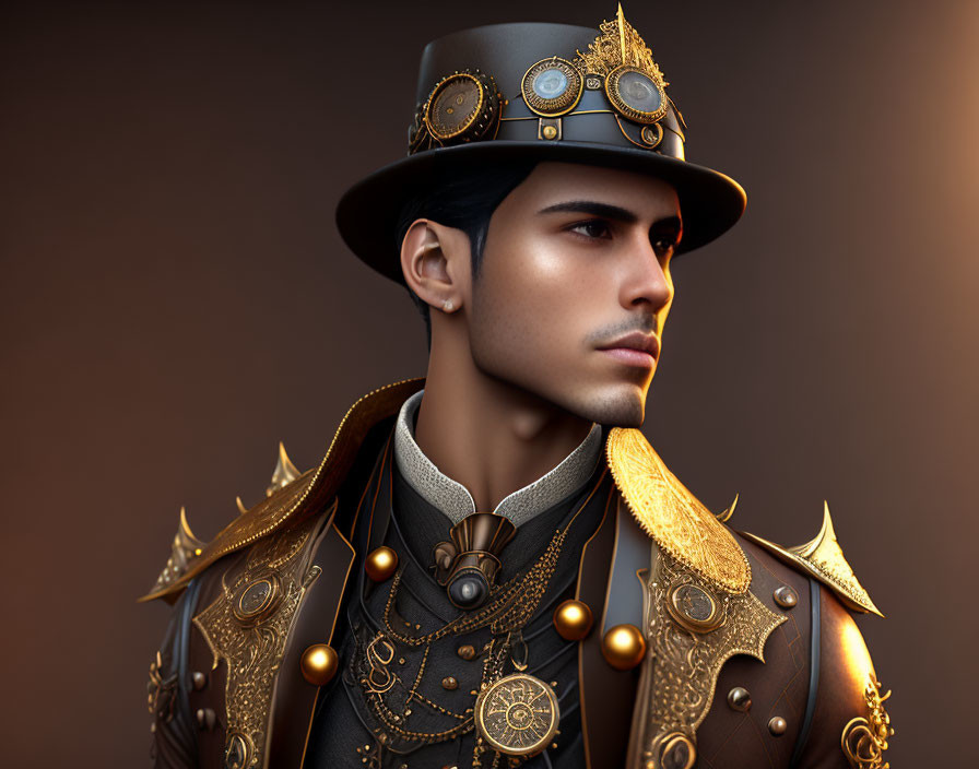 Steampunk-themed man portrait with top hat and mechanical shoulder armor on brown background