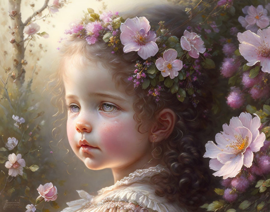 Curly-Haired Girl with Floral Wreath in Pink Blossom Setting