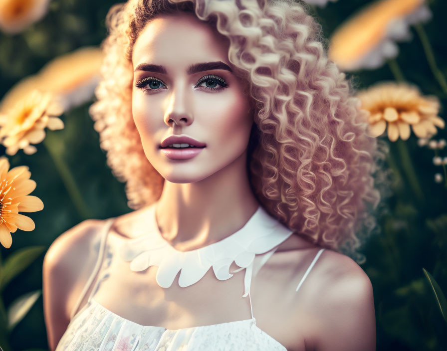 Blonde woman with curly hair and makeup among blooming daisies in white attire