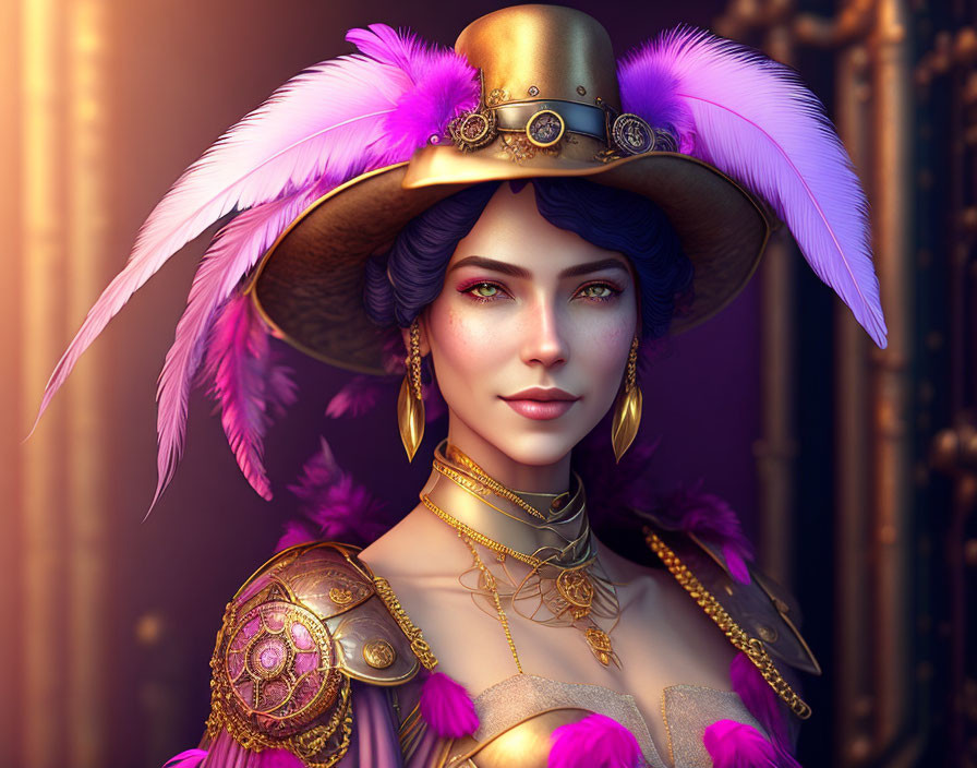 Digital portrait of a woman with green eyes in steampunk hat and golden jewelry