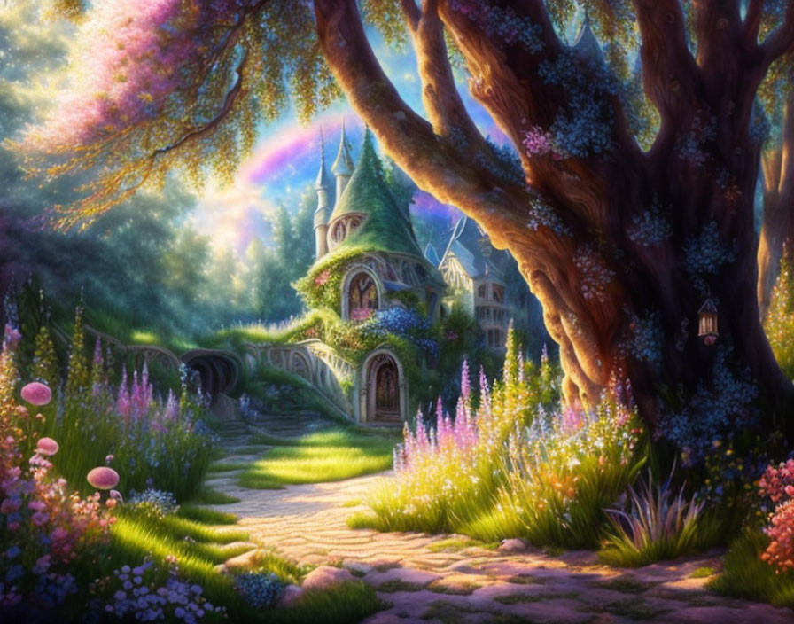 Fantasy landscape with whimsical treehouse and magical glow