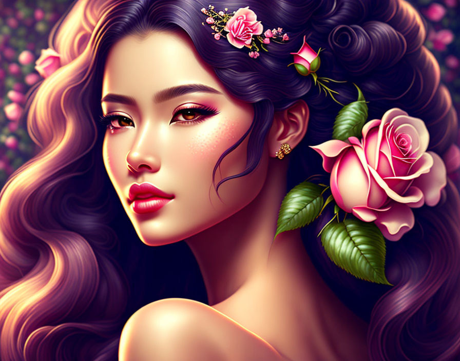 Woman with Voluminous Hair and Pink Roses: Striking Makeup and Serene Expression