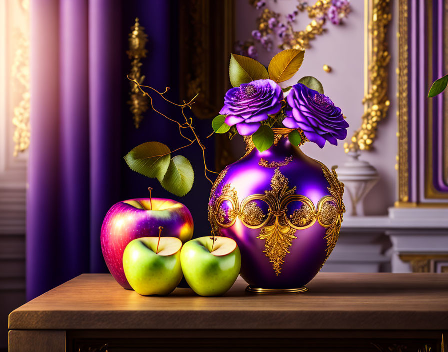 Purple vase with gold patterns, roses, apples in luxurious room setting