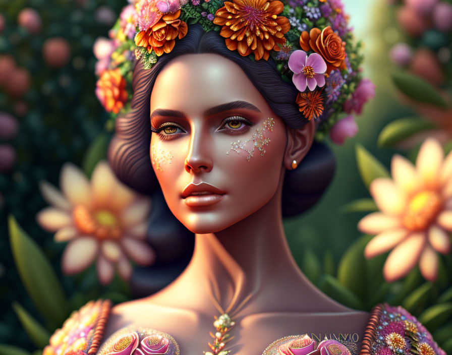 Digital portrait: Woman with floral hair adornments and glitter makeup in a garden setting