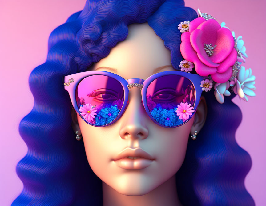 Vibrant blue wavy hair woman with flower adornments and crystal-filled heart sunglasses.