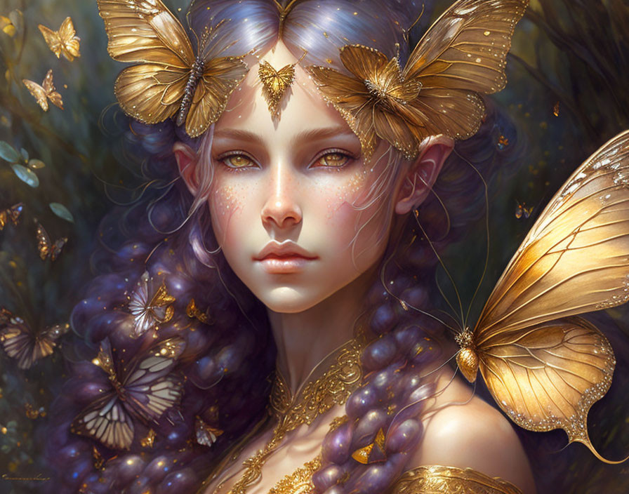 Fantasy portrait of woman with butterfly wings, purple hues, gold accents, and golden butterflies.