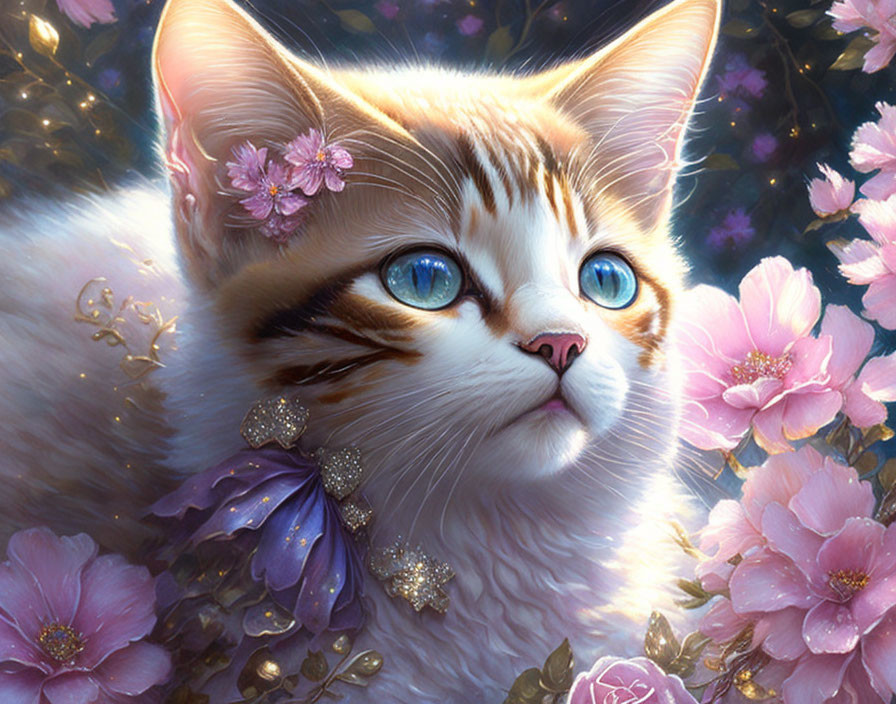 Digitally illustrated portrait of a kitten with blue eyes and pink flowers.